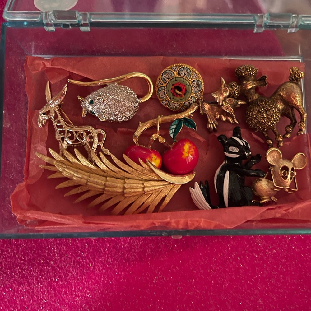 Little box of rhinestone broaches, animal designs